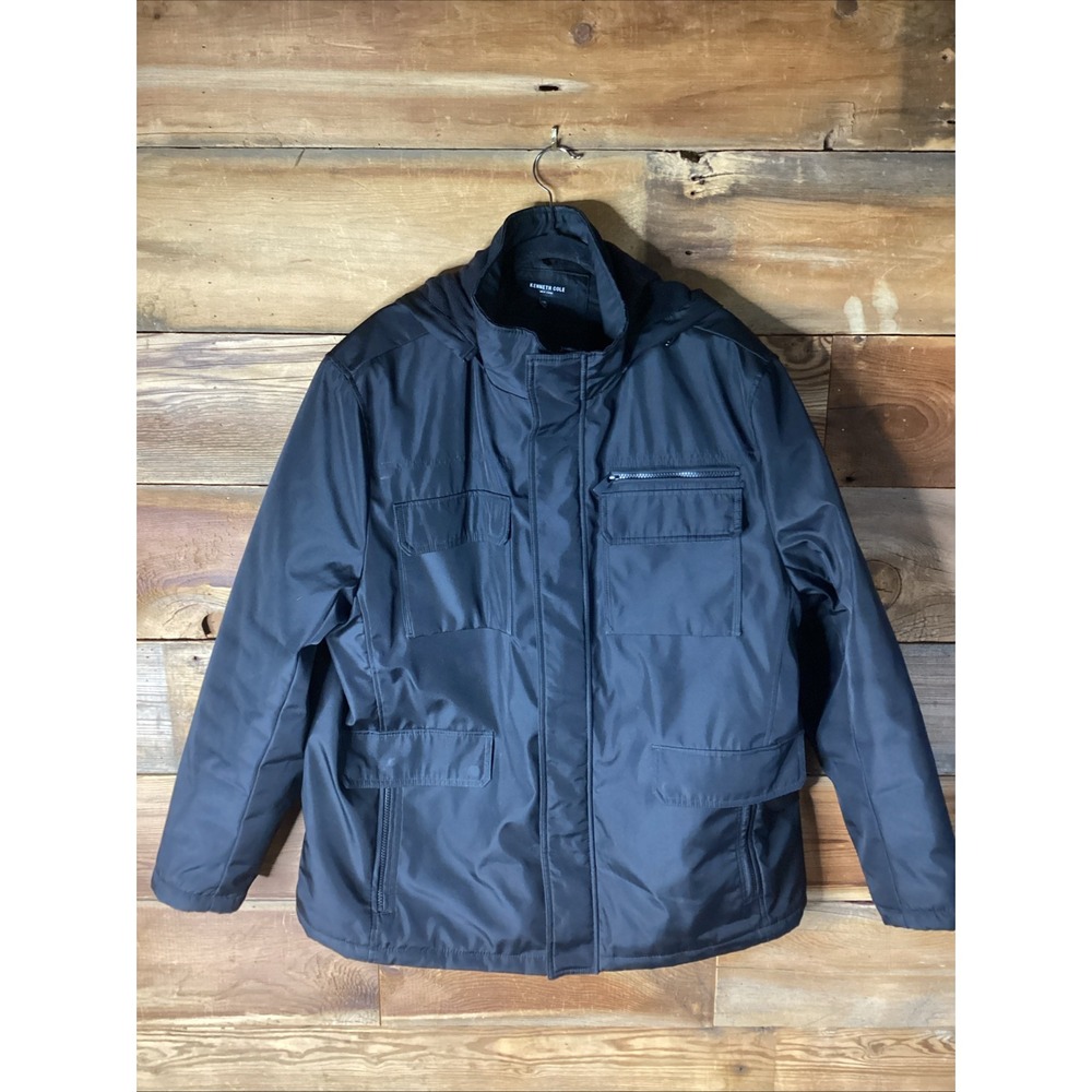 Kenneth Cole Black Nylon Quilted 8 Pocket Parka Jacket Hooded XXL
